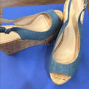 Stuart Weitzman Riviera Denim Lacquered Cork Wedge Slingback Sandals